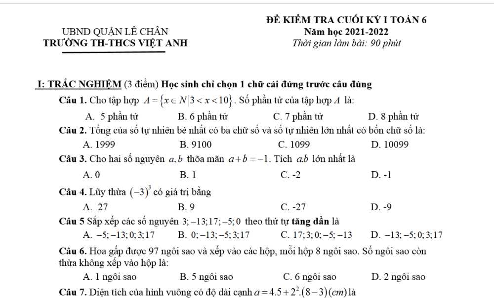 Toán 6-Đề kiểm tra cuối kì 1 Trường TH-THCS Việt Anh-Lê Chân năm học 2021-2022